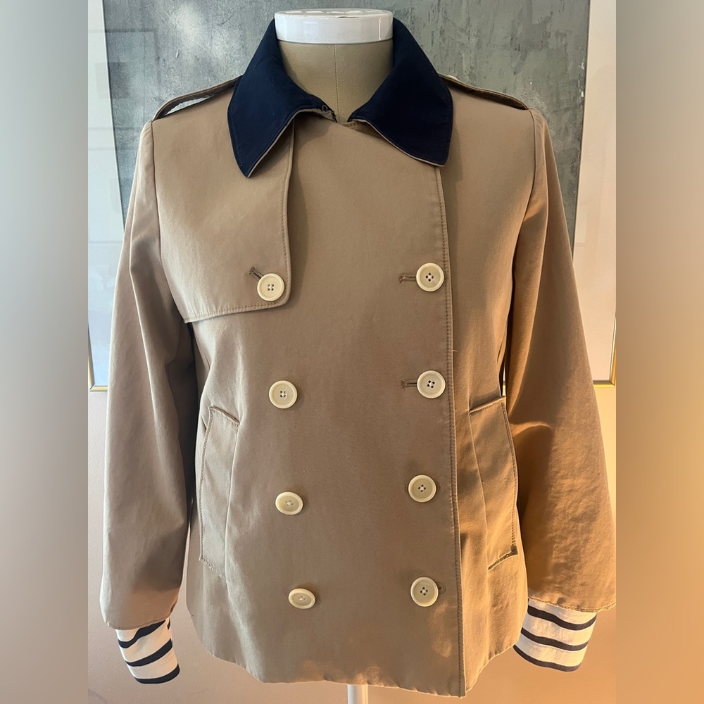 J.Crew cropped tan/navy short trench coat jacket w/ removable striped cuffs SZ-8